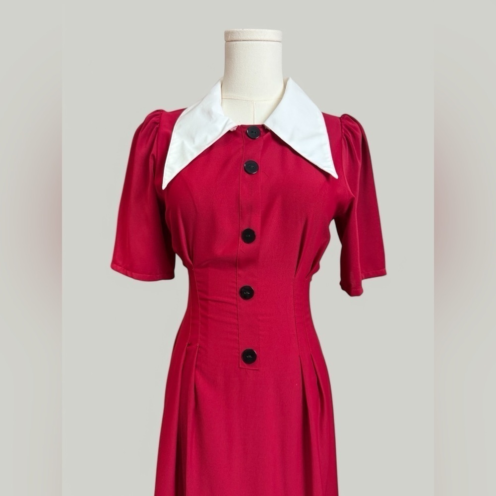 Dress Women Size Small Red Long Exaggerated Collar Puff Sleeves Sinch Waist - Picture 6 of 10